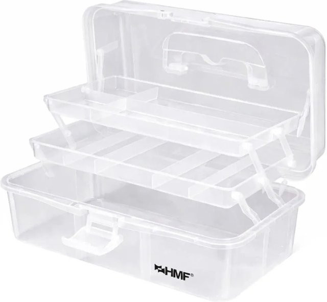 HMF Nähkasten STK901-01 Sortierbox mit 3 Ebenen für Nähzubehör und Handarbeitsmaterial, Transparent, B/T/H: 36,5 x 20,5 x 16,0 cm - Bild 1