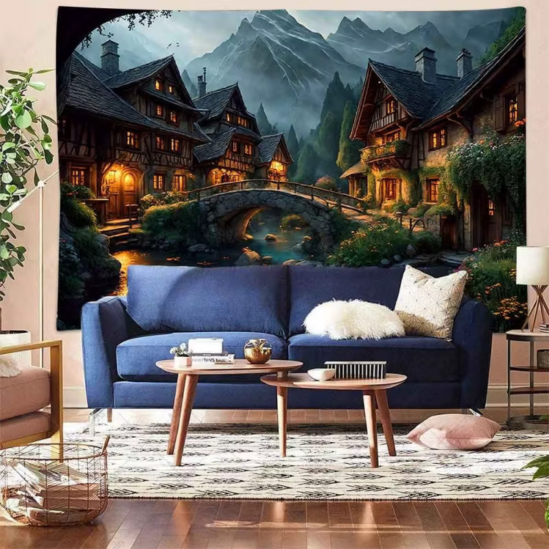 VIKAMA Wandteppich mit Fluss- und Cottage-Illustrationen in Mehrfarben als künstlerische Wanddekoration für dein Wohnzimmer oder Schlafzimmer - Bild 4