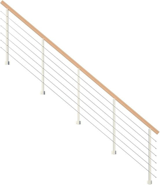 StarWood Metallgeländer Kos in Weiß mit Rechteckhandlauf aus Buche, 300 cm - Bild 1