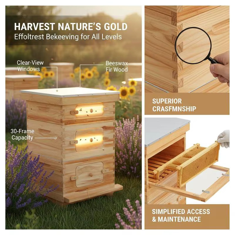 Fenê Langstroth Bienenstock-Set aus Fichtenholz mit 30 Rähmchen und Bienenwachs-Beschichtung, Farbe: Braun/Grün - Bild 2