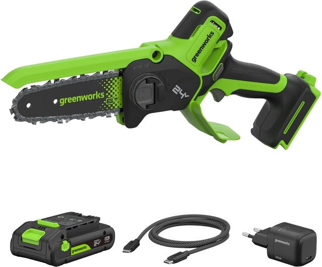 Greenworks Mini-Akku-Kettensäge-Set CS1522GA2 24 V in Schwarz-Grün mit Ersatzakku und Schnellladegerät, Schwertlänge: 15 cm - Bild 1