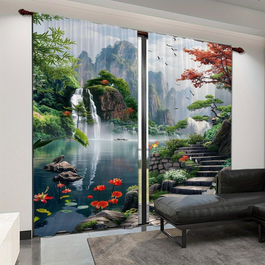 Yiran Furniture 2er-Set Zeitgenössische Landschaftsvorhänge mit Wasserfall-Motiv, Lichtfilternd und Dekorativ, Polyester, Mehrfarbig, Breite: 100 cm, Höhe: 130 cm - Bild 3