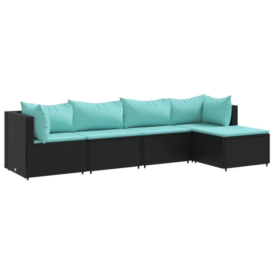 vidaXL 5-tlg. Garten-Lounge-Set in L-Form mit Polstern und Ottoman, Schwarz und Blau, Poly-Rattan mit Metallgestell - Bild 2
