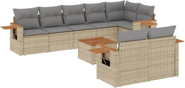 vidaXL 9-tlg Garten-Sofagarnitur in L-Form aus Poly-Rattan und Akazienholz in Grau mit Kissen - Bild 1