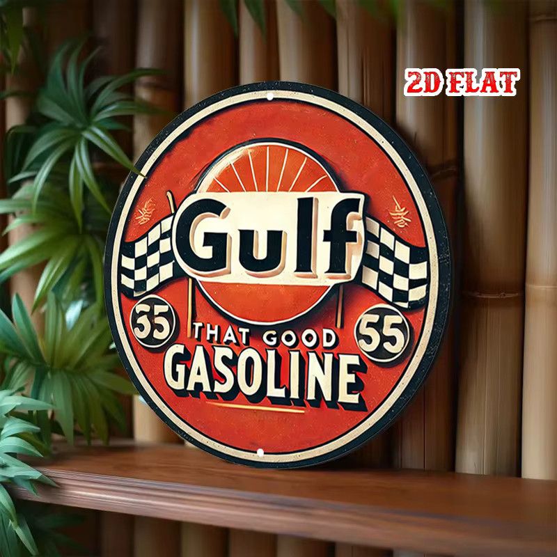 Vintage Gulf 55 Benzin Metallschild aus Aluminium mit kariertem Flaggen-Design, rund, Multicolor, Durchmesser: 20 cm - Bild 5
