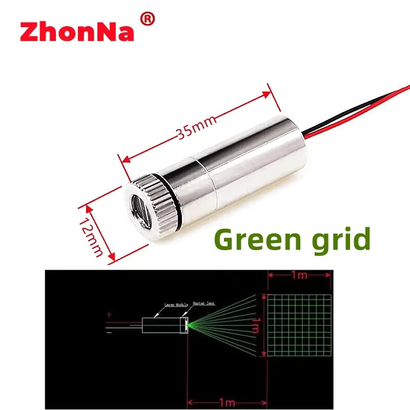 Green Point Lasermodul mit fokussierbarer Kreuzlinie, 532 nm, 5 mW, Glaslinse, Farbe: Silber/Grün, DC 3 V–5 V - Bild 2