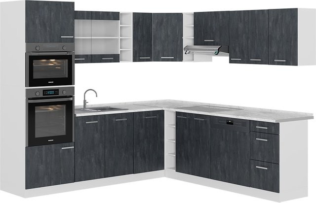 Vicco R-Line Eckküche in L-Form, Schwarz Beton und Weiß, mit Arbeitsplatte in Weiß Marmor, B/T/H: 247 x 237 x 60 cm - Bild 1