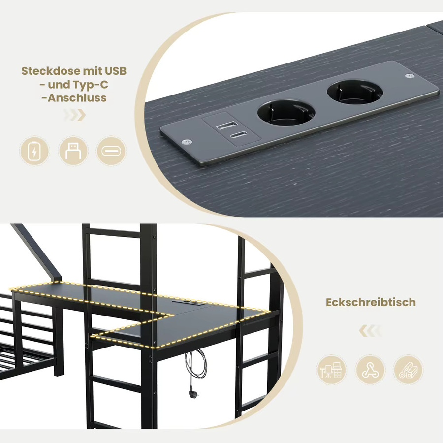 Schwarzes Dreifach-Etagenbett aus Metall mit Schreibtisch und USB- sowie Typ-C-Ladeanschlüssen, EN747-zertifiziertes Hochbett, B/T/H: 90 x 200 cm - Bild 4