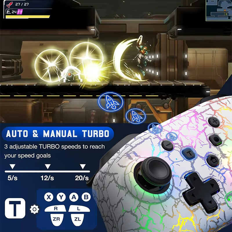 GAMINJA Wireless Gamepad mit Sechs-Achsen-Gyroskop, Dual Vibration und RGB LED-Crack-Effekt für Nintendo Switch, PC und PS3, Farbe: Multicolour/Weiß - Bild 3