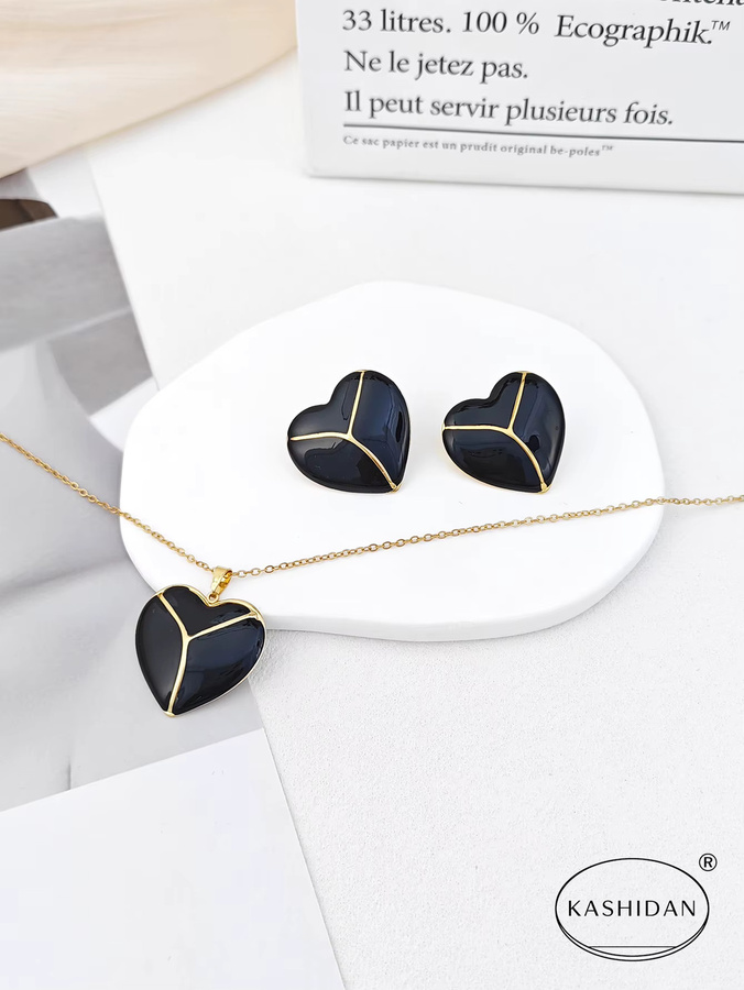 KASHIDAN Schmuck-Set, Herz-Ohrstecker und Halskette, Edelstahl, Gold, Damen - Bild 1