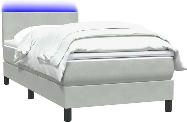 vidaXL Boxspringbett mit Matratze in Hellgrau, Hybridbett mit LED-Unterbettbeleuchtung und USB-Anschluss, Samt, B: 90 cm, L: 220 cm, H: 78 cm - Bild 1