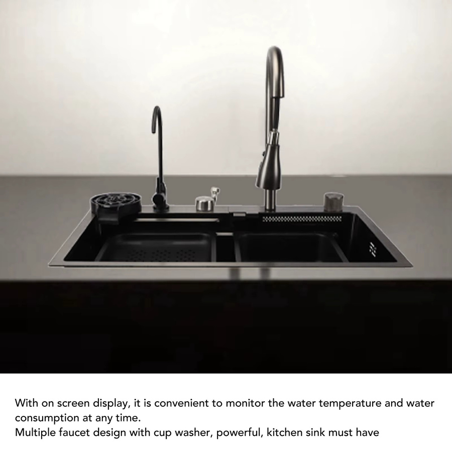 Qiilu Küchenspüle-Set aus Edelstahl mit Wasserhahn und Digitalanzeige in Silber und Schwarz, B: 68 cm, T: 45 cm - Bild 5