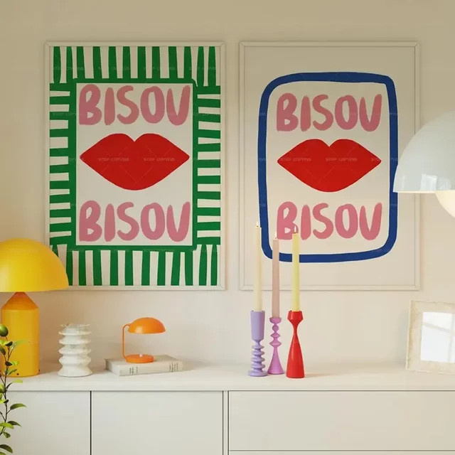 Potdemiel Wandkunst Bisou Bonjour Bonne Nuit Pink Boho Leinwandgemälde mit französischer Typografie - Bild 1