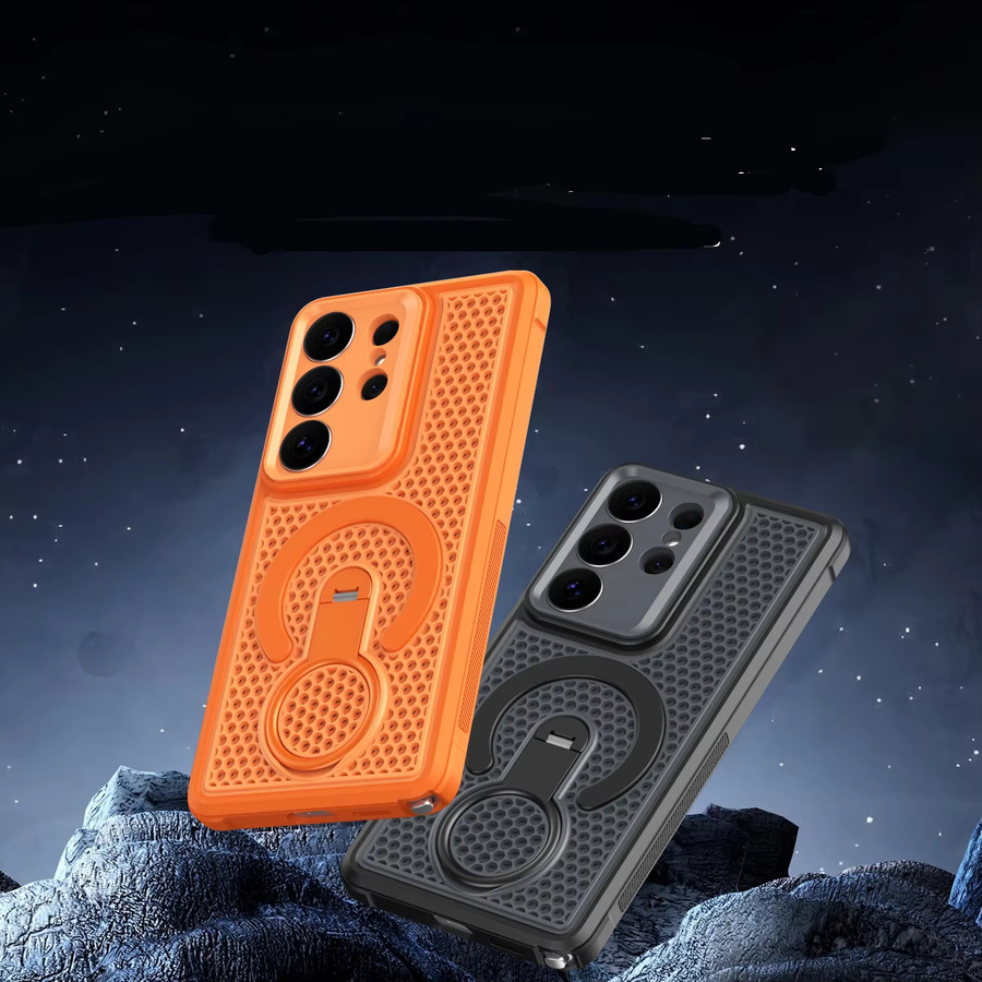 Eurynome Schutzhülle für Samsung Galaxy S26 Ultra und S26 Plus mit 360-Grad-Rotationsring, magnetischer Wärmeableitung und atmungsaktivem Netz in Orange - Bild 2