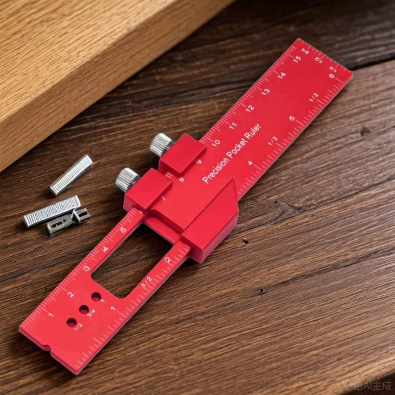 Präzisions-Taschenlineal Typ T in Rot mit metrischer Zoll-Skala und Schiebestopp für die Tischlermarkierung - Bild 2