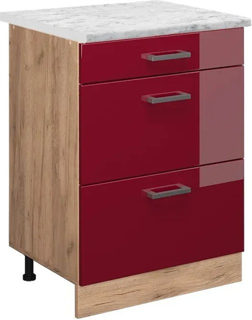 Vicco R-Line Küchenschrank als Schubladenschrank in Bordeaux Hochglanz mit Marmor-Optik, Breite: 60 cm, Höhe: 81,6 cm, Tiefe: 46 cm - Bild 1