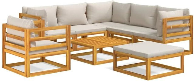 vidaXL 8-tlg Garten-Lounge-Set aus Akazien-Massivholz in L-Form mit grauen Polstern und Ottoman in Braun - Bild 1