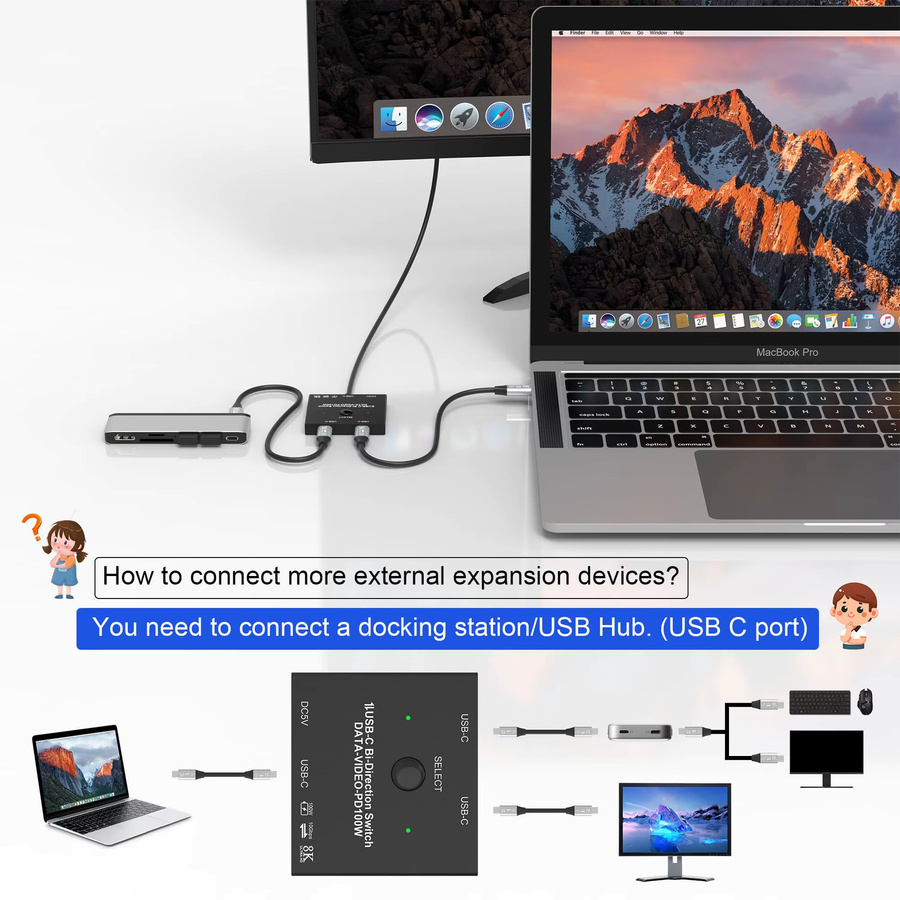 AIMOS Bidirektionaler USB-C-Switch für 2 Computer, 8K@60Hz und 4K@120Hz KVM-Switch-Splitter mit 100 W Ladefunktion und 10 Gbit/s Datenübertragung, Schwarz - Bild 4