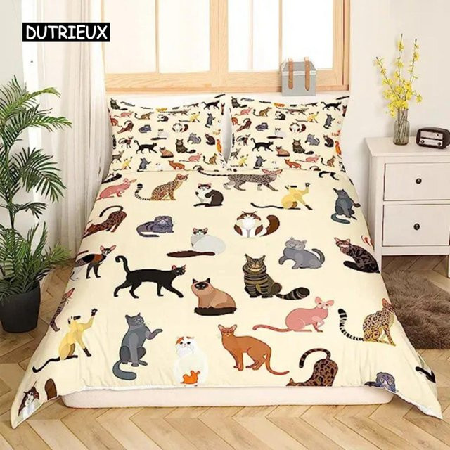 Grünes Bettbezug-Set mit Cartoon-Katzen Motiv von Binchi Outdoor Product für Kinder, bestehend aus Bettbezug und Kissenbezug aus Mikrofaser, B/H: 200 x 230 cm - Bild 1