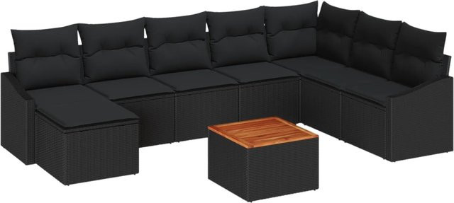 vidaXL Garten-Sofa-Set 9-teilig aus Poly Rattan und Akazienholz in Schwarz - Bild 1