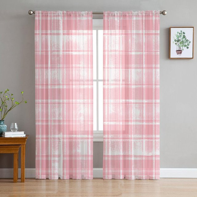 Transparente Tüll Voile Vorhänge mit rosa Aquarell- und Karomuster für Wohnzimmer und Küche, Farbe: Weiß/Rosa, Breite: 135 cm, Höhe: 115 cm - Bild 1