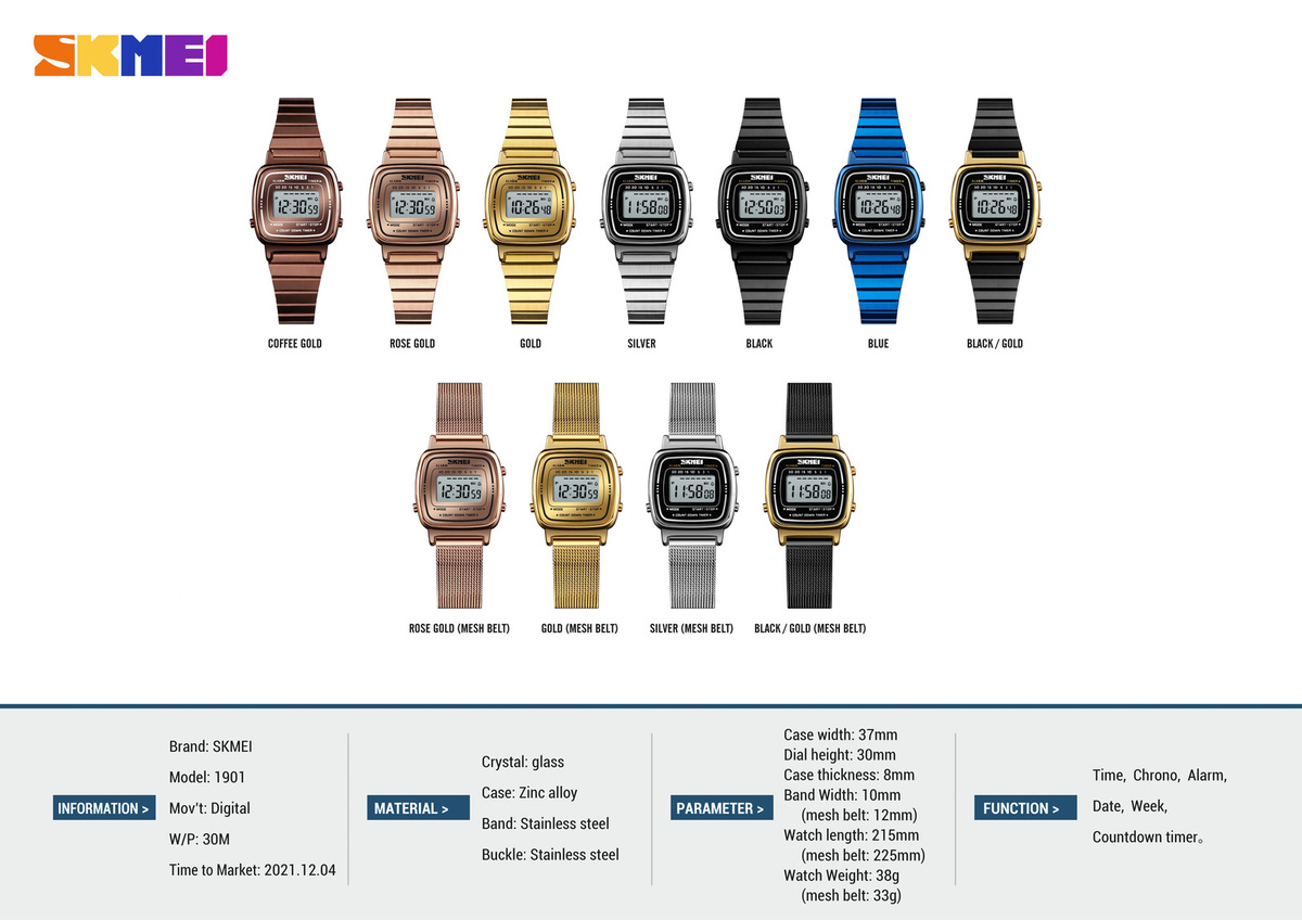 SKMEI Digitaluhr Edelstahl, Schwarz, Silber, Damen - Bild 3