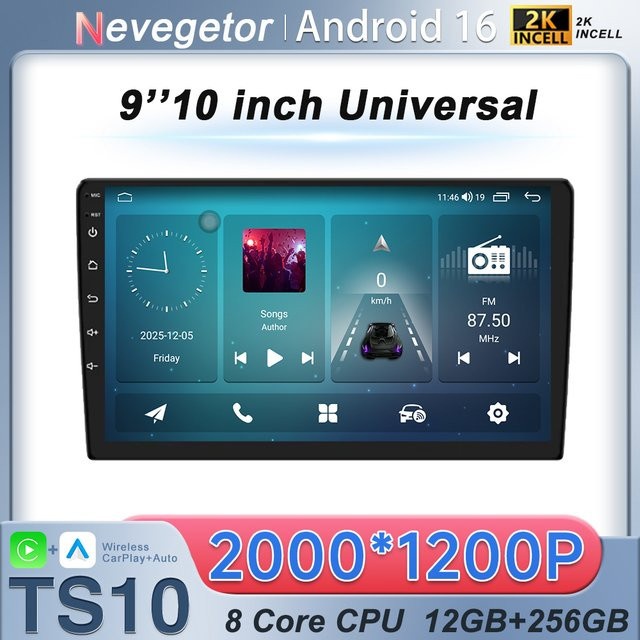 Nevegetor Android 16 Autoradio mit Carplay und Android Auto, 9 bis 10 Zoll Universal Multimedia-Player mit GPS und WLAN, 8-Kern Stereo in Schwarz - Bild 1
