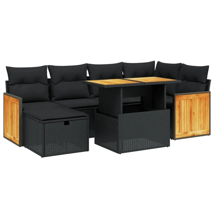 vidaXL 7-teilige Garten-Sofagarnitur aus Poly-Rattan und Akazienholz in Schwarz mit Kissen - Bild 2