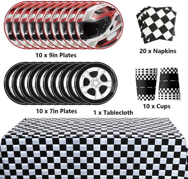 Skyfree Rennwagen Geschirrset für Kinder, 51-teiliges Kombi-Set aus Papier mit Tellern, Servietten, Tassen und Tischdecke, Schwarz/Mehrfarbig - Bild 1