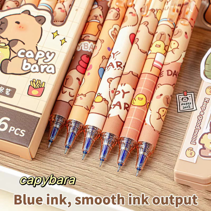 6er Set Kawaii Capybara Gel Stifte mit schwarzer und blauer Tinte, schnell trocknende ästhetische Schreibwaren für Schule und Büro - Bild 3