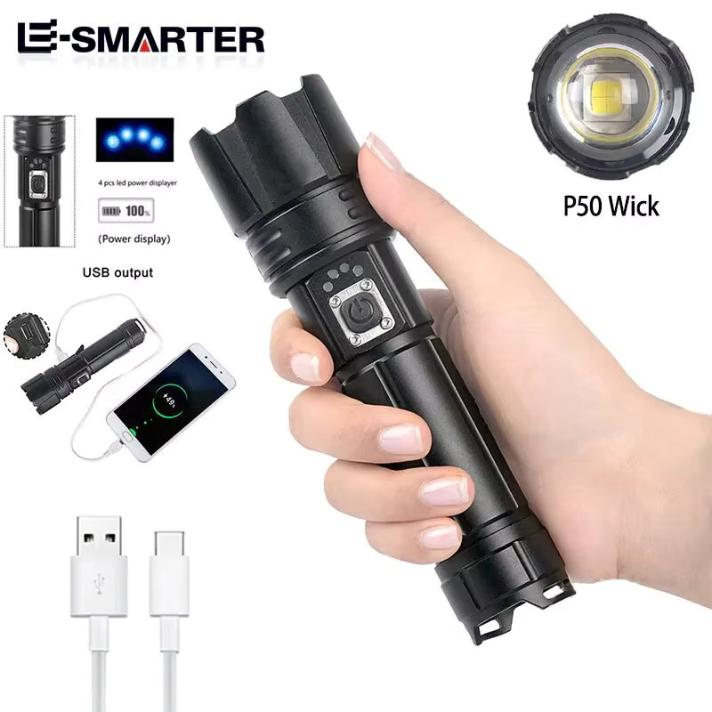 ESMARTER Taktische LED-Taschenlampe mit Laser-Docht, wiederaufladbar, Schwarz - Bild 6