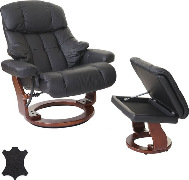 MCA Relaxsessel Windsor XXL mit gepolstertem Fußhocker aus schwarzem Echtleder und Walnuss-Optik - Bild 1