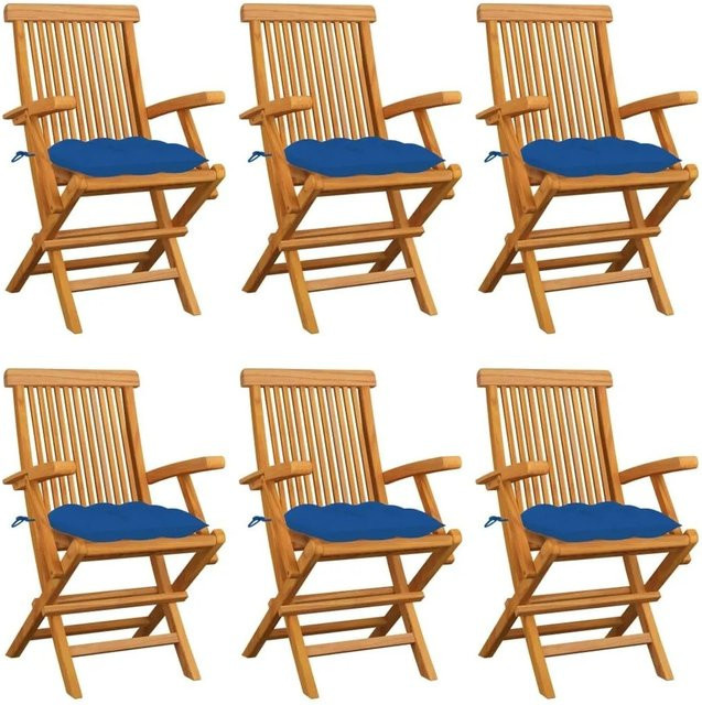 6er Set vidaXL Gartenstühle aus Teakholz mit blauen Kissen in Braun - Bild 1