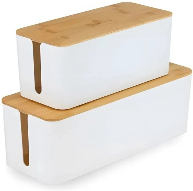 addhome 2er Kabelbox Set in Weiß und Bambus, B/T/H: 40,5 x 15,5 x 13,5 cm und 32 x 13,5 x 15,5 cm - Bild 1