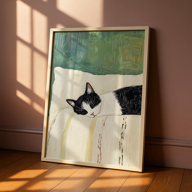 Schlafende Smokingkatze Wandkunstdruck von SHENCHEN, Schwarz-Weiß-Katzen-Poster aus Papier als moderne Dekoration - Bild 1