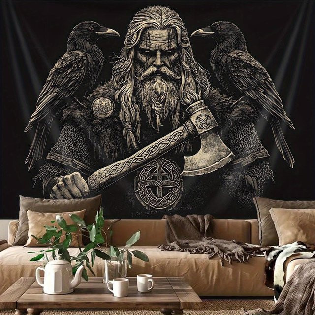 Tee Mood Wandteppich Wikinger Odin und Rabe Nordische Mythologie Schwarz und Weiß B: 100 cm, H: 70 cm - Bild 1