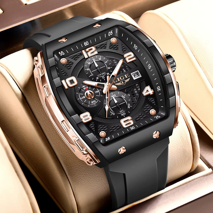 LIGE Chronograph Herrenuhr, Quarz, Silikonarmband, Schwarz - Bild 5