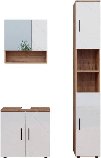 Vicco Badmöbelset Irma in Eiche und Weiß Hochglanz, modernes 3-teiliges Badezimmer-Set mit Hochschrank, Spiegelschrank und Waschtischunterschrank - Bild 2