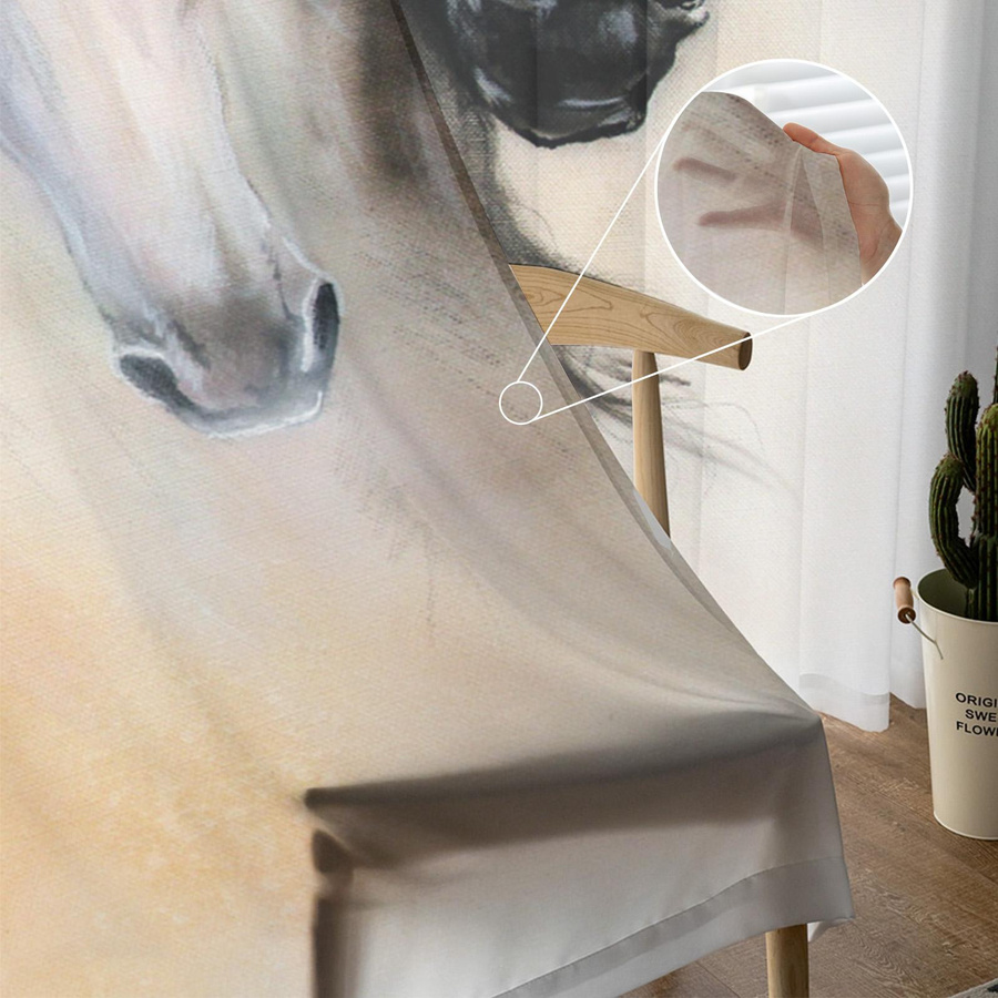 Transparenter Voile-Hängevorhang mit Schwarz-weißem Pferd im Aquarell-Design, Tüll-Fenstervorhang mit Ösen, Breite: 100 cm, Höhe: 250 cm - Bild 2