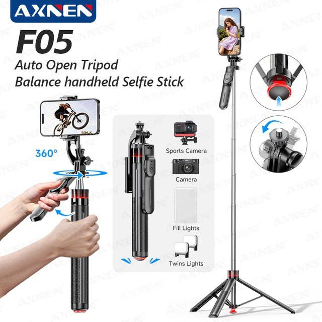 Axnen Handheld Selfie Stick mit automatischem Gimbal und Stativ in Schwarz für iPhone 17 16 15 14 zur Aufnahme von Reise-Vlogs und 360 Grad Videos - Bild 1