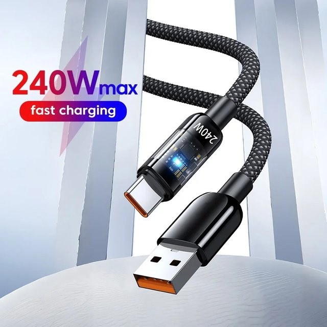 USB auf Typ C Schnelllade-Nylon-Datenkabel mit LED-Digitalanzeige, 240 W, Schwarz - Bild 1