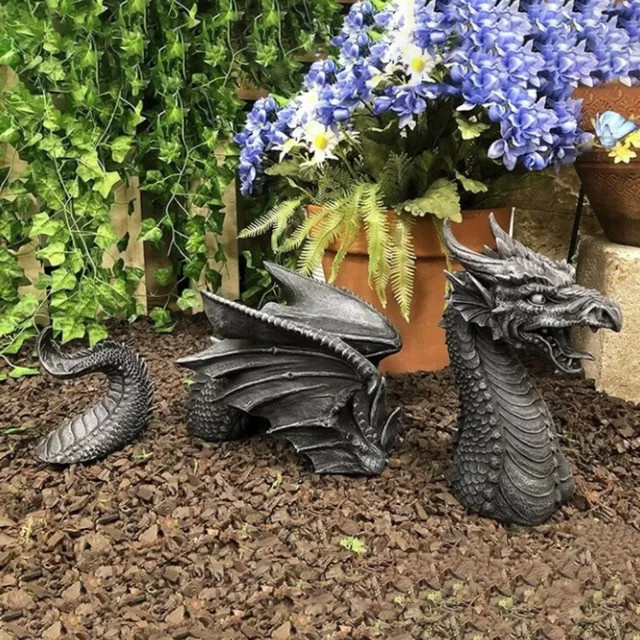 Gothic Fantasy Drachen Skulptur aus Harz in Weiss und Grau für Garten und Terrasse - Bild 1