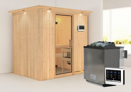 Karibu Sauna Kothla Bio-Kombi-Sauna für 3 Personen inklusive 9 kW Saunaofen mit externer Steuerung, beige, B/T/H: 202 x 165 x 210 cm - Bild 1