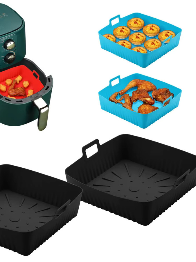 Wiederverwendbare Silikon-Luftfritteuse-Einlagen für Cosori und Ninja, quadratisches Backblech aus Silikon, Schwarz, Breite: 23 cm, Tiefe: 23 cm, Höhe: 6,5 cm - Bild 7