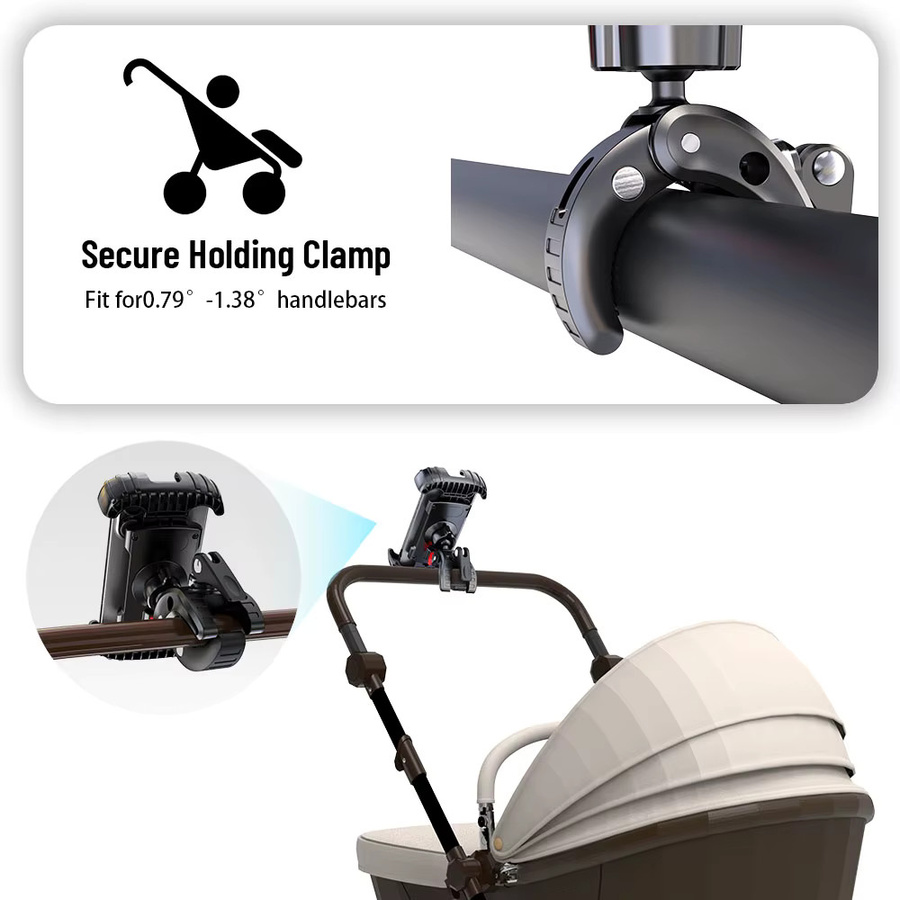 LRBH Kinderwagen-Handyhalterung in Schwarz mit 360 Grad Kugelkopf, Einhandverstellung und Anti-Shake-Verriegelung, passend für Smartphones von 4,7 bis 7,2 Zoll - Bild 3