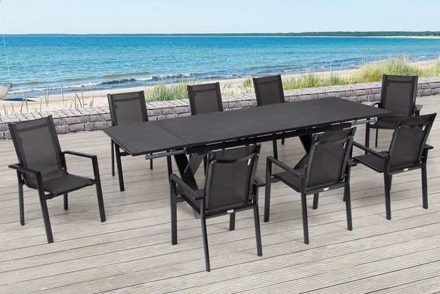 OUTFLEXX Garten-Essgruppe aus Aluminium und Keramik in Anthrazit mit 8 Stapelsesseln und ausziehbarem Tisch - Bild 1
