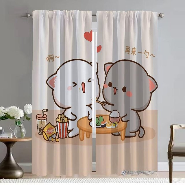 Pfirsich Mochi Katze Vorhänge für das Kinderzimmer, 2er-Set, Mehrfarbig, Breite: 50 cm, Höhe: 70 cm - Bild 1