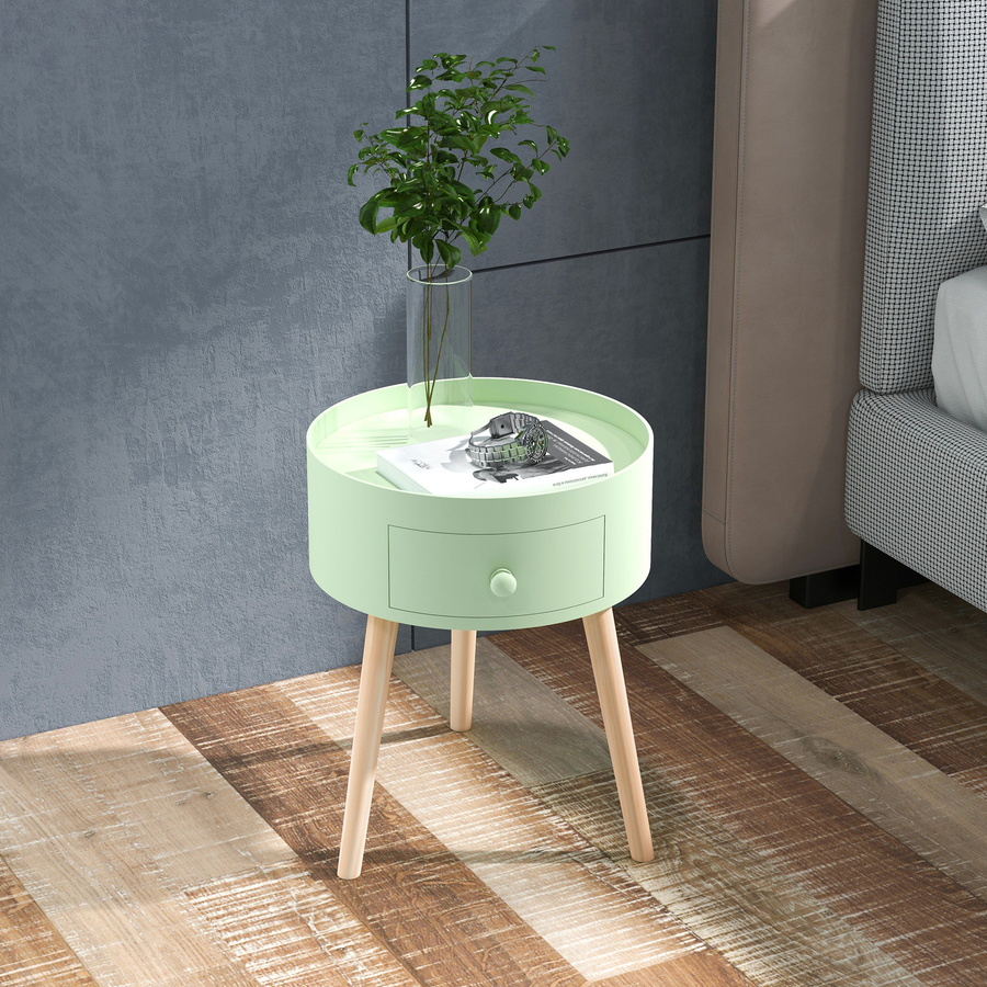 Aosom Beistelltisch in skandinavischem Design mit Schublade und runder Form, Grüner Nachttisch und Couchtisch mit konischen Holzbeinen - Bild 2