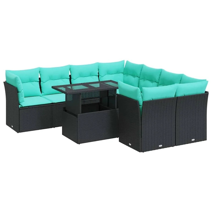 vidaXL 9-teilige Garten-Sofagarnitur in L-Form aus schwarzem Poly-Rattan mit Kissen und Stauraum - Bild 2