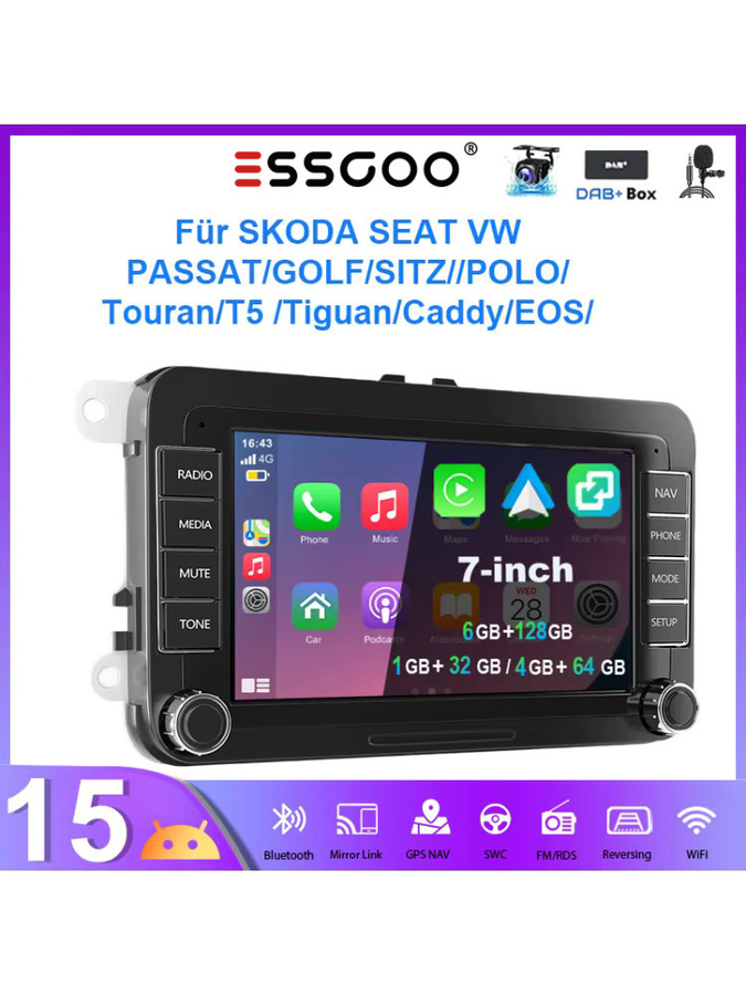 ESSGOO Android 15 Autoradio mit 7 Zoll Display, Bluetooth, GPS und Wireless CarPlay/Android Auto für VW Golf 5 6, Passat, Polo 6R, Touran, Tiguan, Caddy, EOS, Jetta sowie Seat und Skoda, Schwarz - Bild 3